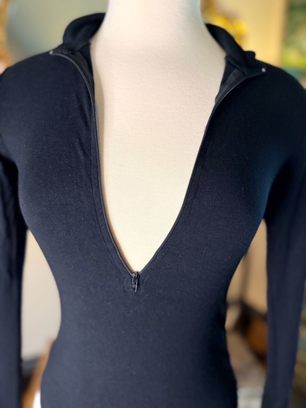 Mango Black Long Sleeve Bodysuit with Deep V Zip